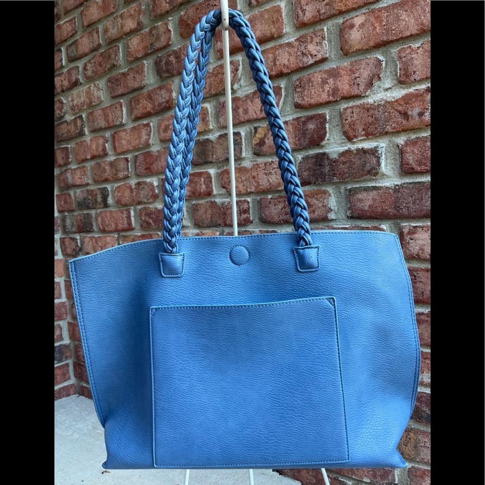 Blue Faux Leather Tote Bag Purse Braided Dual Handles Large EUC